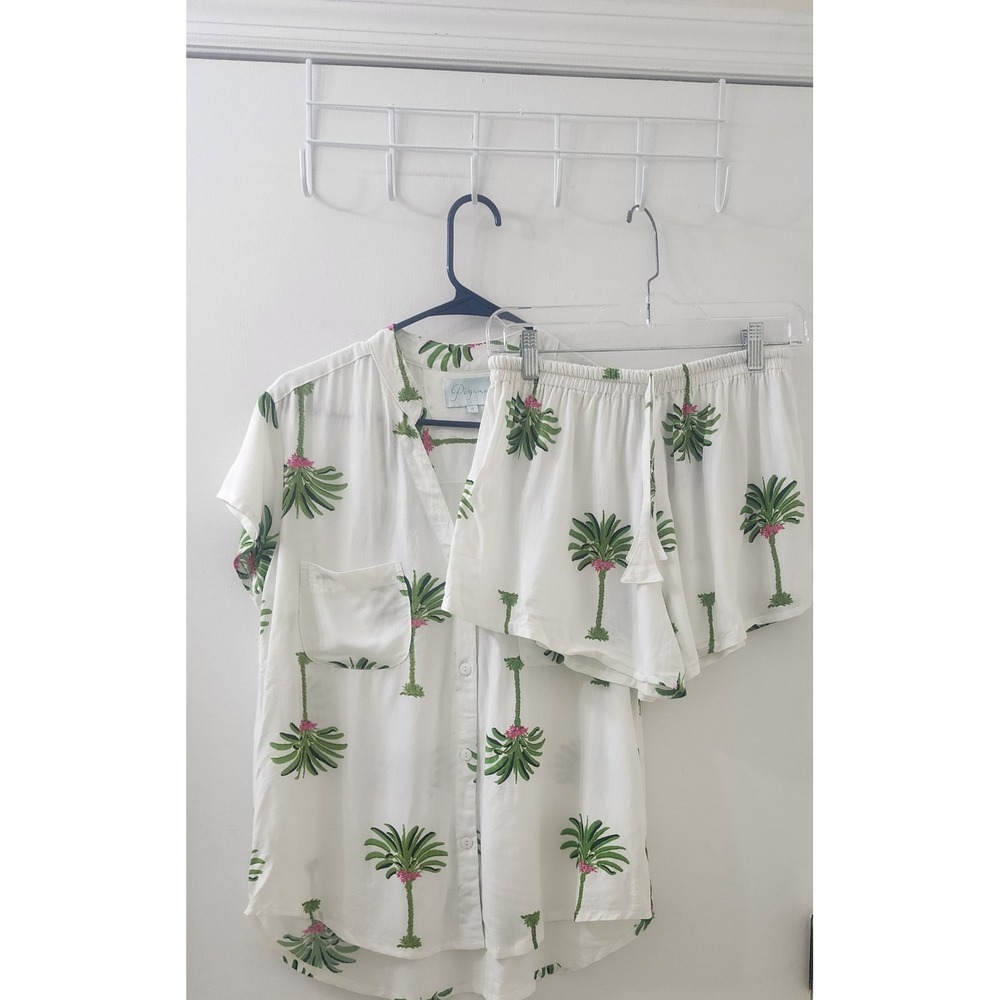 Piyama Palm Tree Pajama Set Womens Small White Rayon Button Top Shorts Tropical